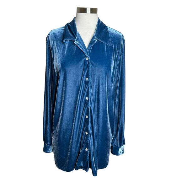 Denim & Co Velvet Tunic Top Womens Medium Blue Long Sleeve Button Down - Picture 1 of 8